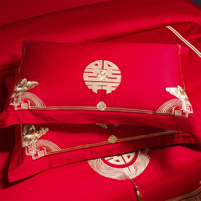 91家纺网 家纺一手货源 找家纺 2025年新款中式亲肤加厚双面磨毛婚庆四件套刺绣多件套 今生有你