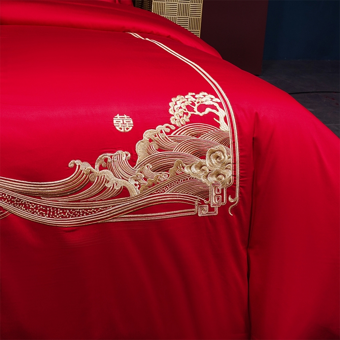 91家纺网 家纺一手货源 找家纺 2025年新款中式亲肤加厚双面磨毛婚庆四件套刺绣多件套 今生有你