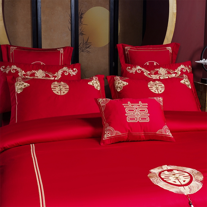 91家纺网 家纺一手货源 找家纺 2025年新款中式亲肤加厚双面磨毛婚庆四件套刺绣多件套 今生有你