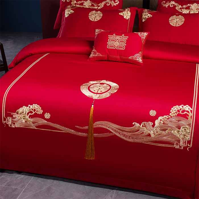 91家纺网 家纺一手货源 找家纺 2025年新款中式亲肤加厚双面磨毛婚庆四件套刺绣多件套 今生有你