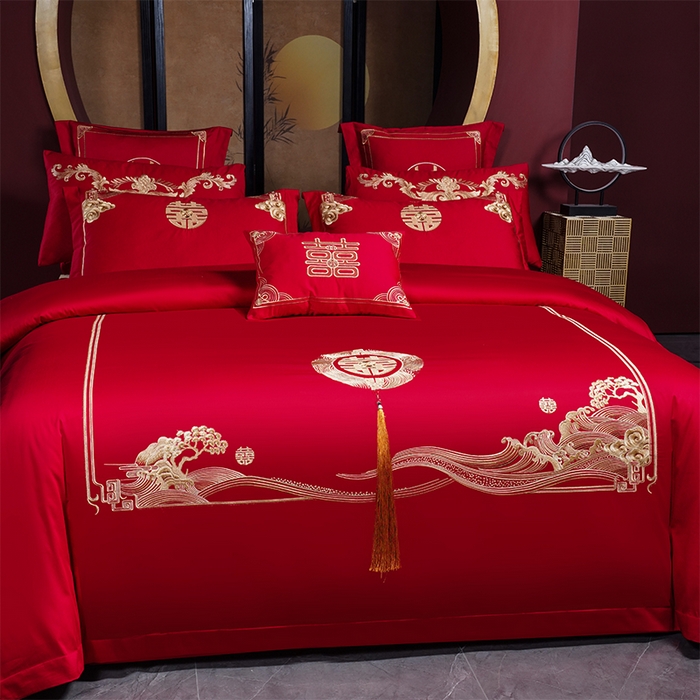 91家纺网 家纺一手货源 找家纺 2025年新款中式亲肤加厚双面磨毛婚庆四件套刺绣多件套 今生有你