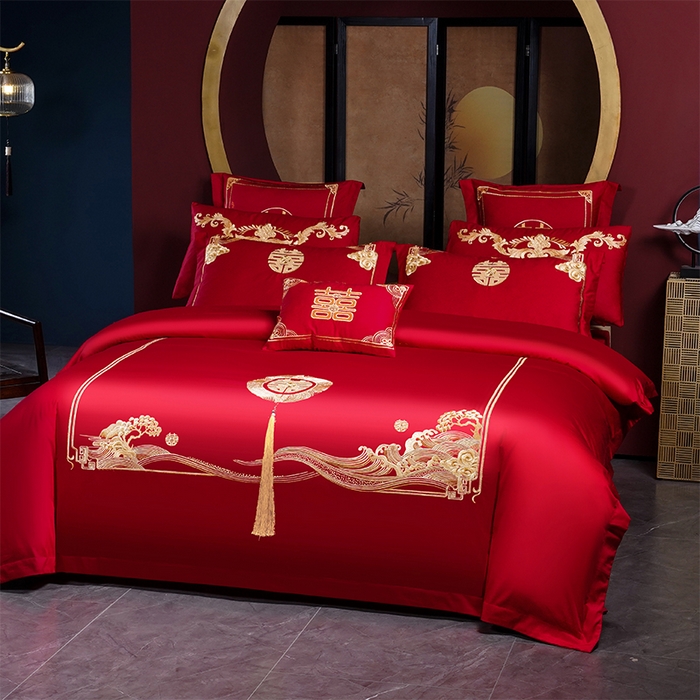 91家纺网 家纺一手货源 找家纺 2025年新款中式亲肤加厚双面磨毛婚庆四件套刺绣多件套 今生有你