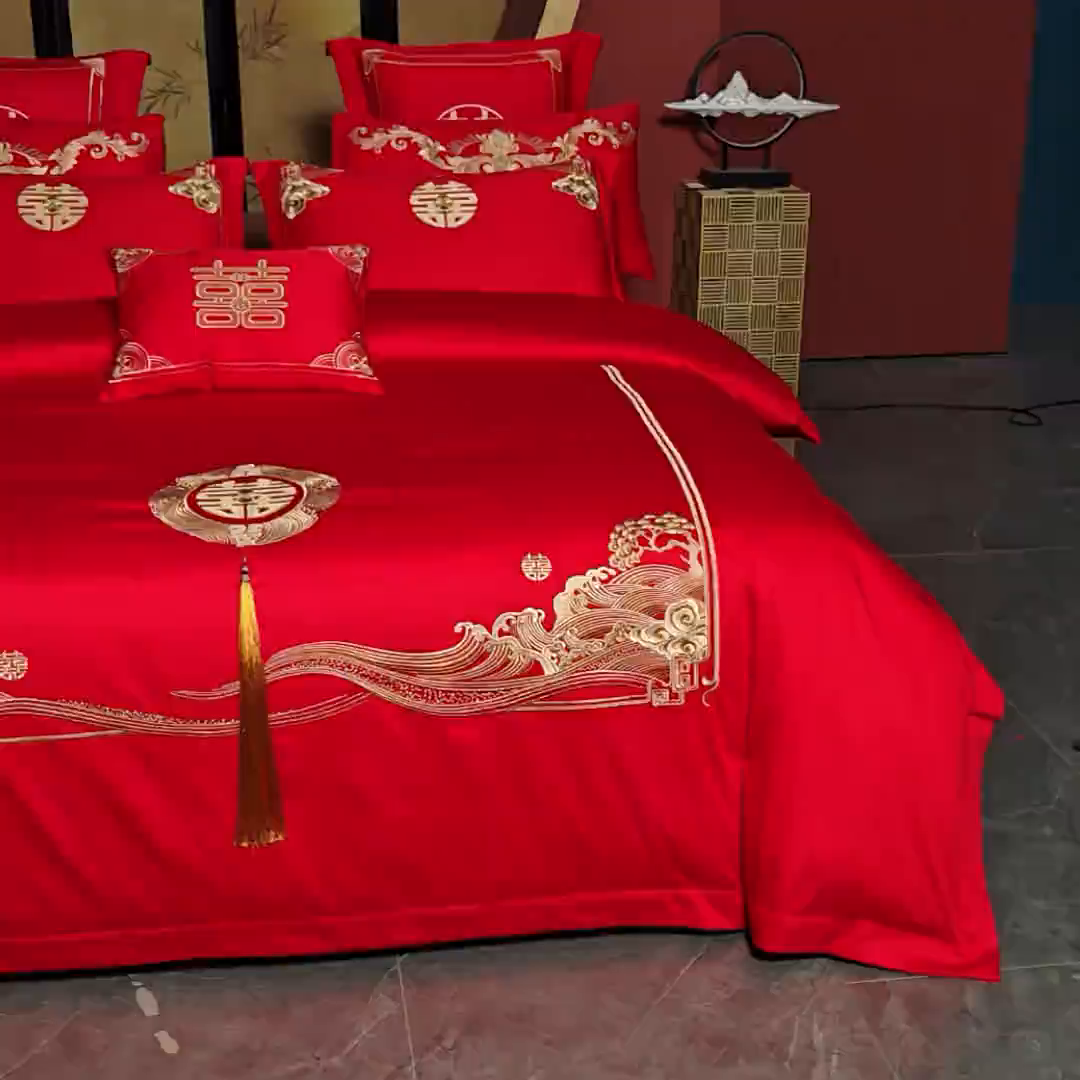 91家纺网 家纺一手货源 找家纺 2025年新款中式亲肤加厚双面磨毛婚庆四件套刺绣多件套 今生有你