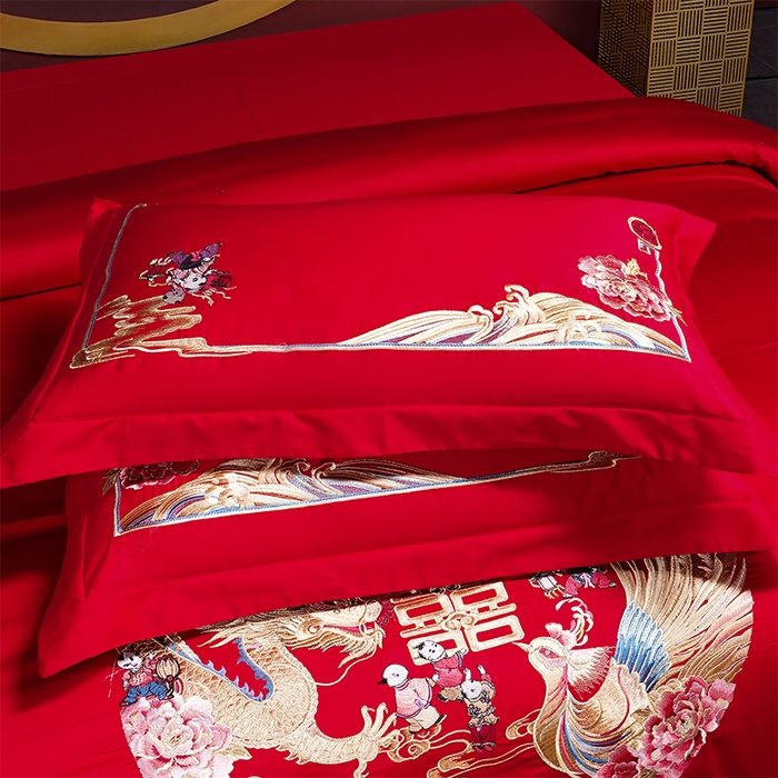 91家纺网 家纺一手货源 找家纺 2025年新款中式亲肤加厚双面磨毛婚庆四件套刺绣多件套 多子多福