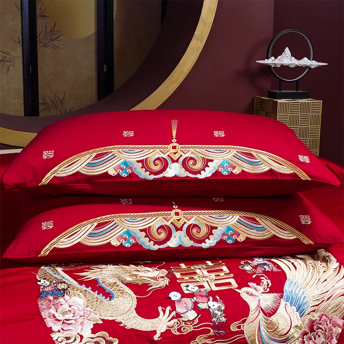 91家纺网 家纺一手货源 找家纺 2025年新款中式亲肤加厚双面磨毛婚庆四件套刺绣多件套 多子多福