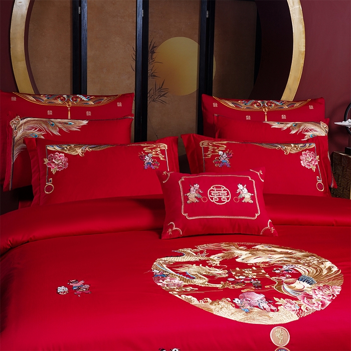 91家纺网 家纺一手货源 找家纺 2025年新款中式亲肤加厚双面磨毛婚庆四件套刺绣多件套 多子多福