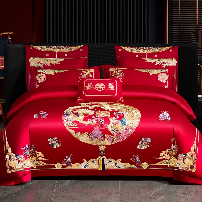 91家纺网 家纺一手货源 找家纺 2025年新款中式亲肤加厚双面磨毛婚庆四件套刺绣多件套 多子多福