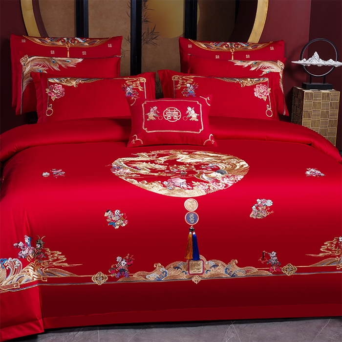 91家纺网 家纺一手货源 找家纺 2025年新款中式亲肤加厚双面磨毛婚庆四件套刺绣多件套 多子多福