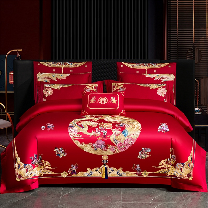 2025年新款中式亲肤加厚双面磨毛婚庆四件套刺绣多件套 多子多福