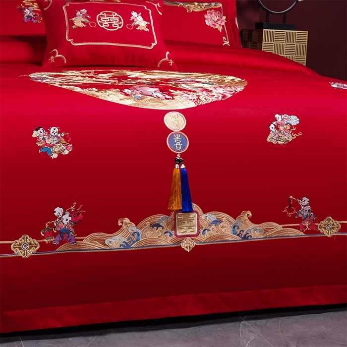 91家纺网 家纺一手货源 找家纺 2025年新款中式亲肤加厚双面磨毛婚庆四件套刺绣多件套 多子多福