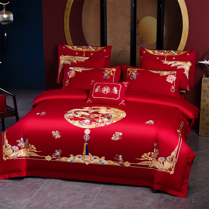 91家纺网 家纺一手货源 找家纺 2025年新款中式亲肤加厚双面磨毛婚庆四件套刺绣多件套 多子多福