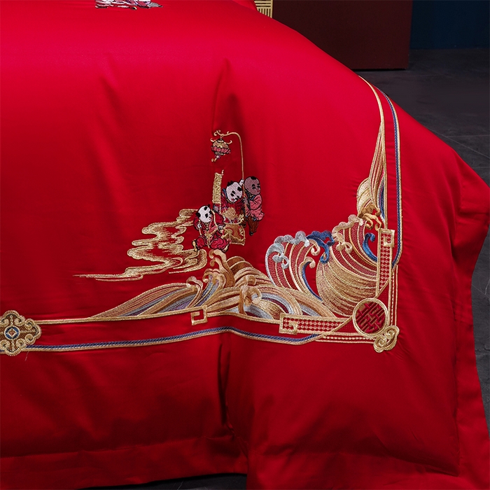 91家纺网 家纺一手货源 找家纺 2025年新款中式亲肤加厚双面磨毛婚庆四件套刺绣多件套 多子多福