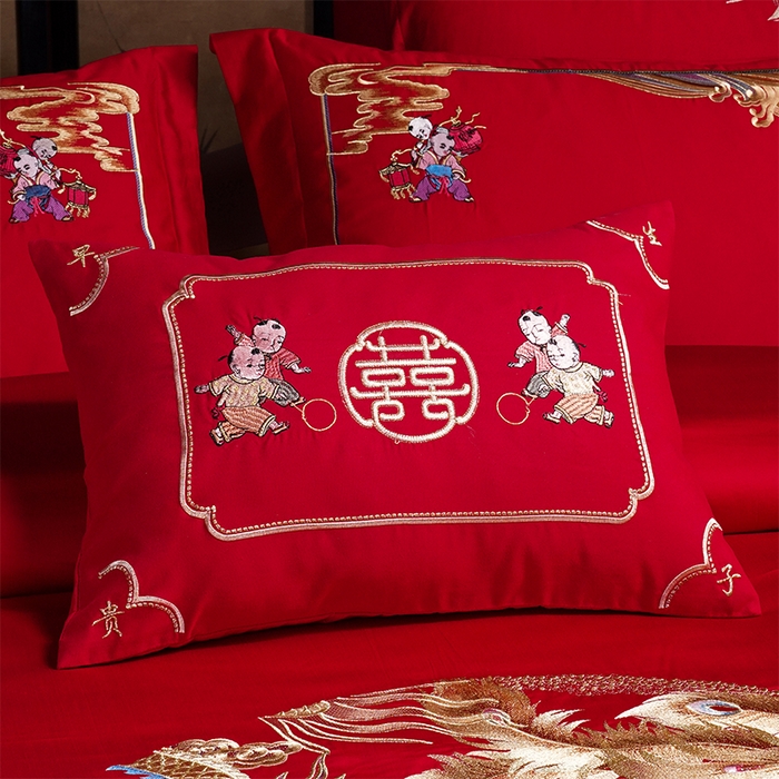 91家纺网 家纺一手货源 找家纺 2025年新款中式亲肤加厚双面磨毛婚庆四件套刺绣多件套 多子多福