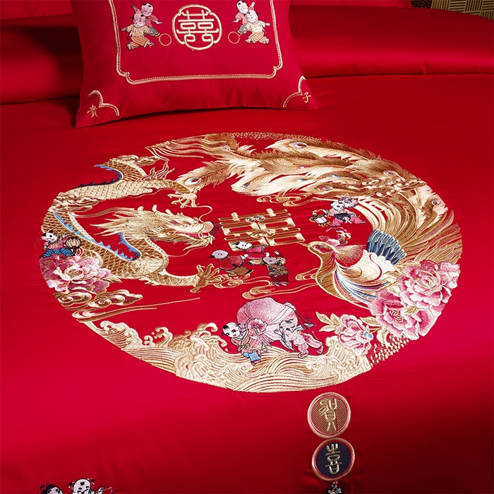 91家纺网 家纺一手货源 找家纺 2025年新款中式亲肤加厚双面磨毛婚庆四件套刺绣多件套 多子多福