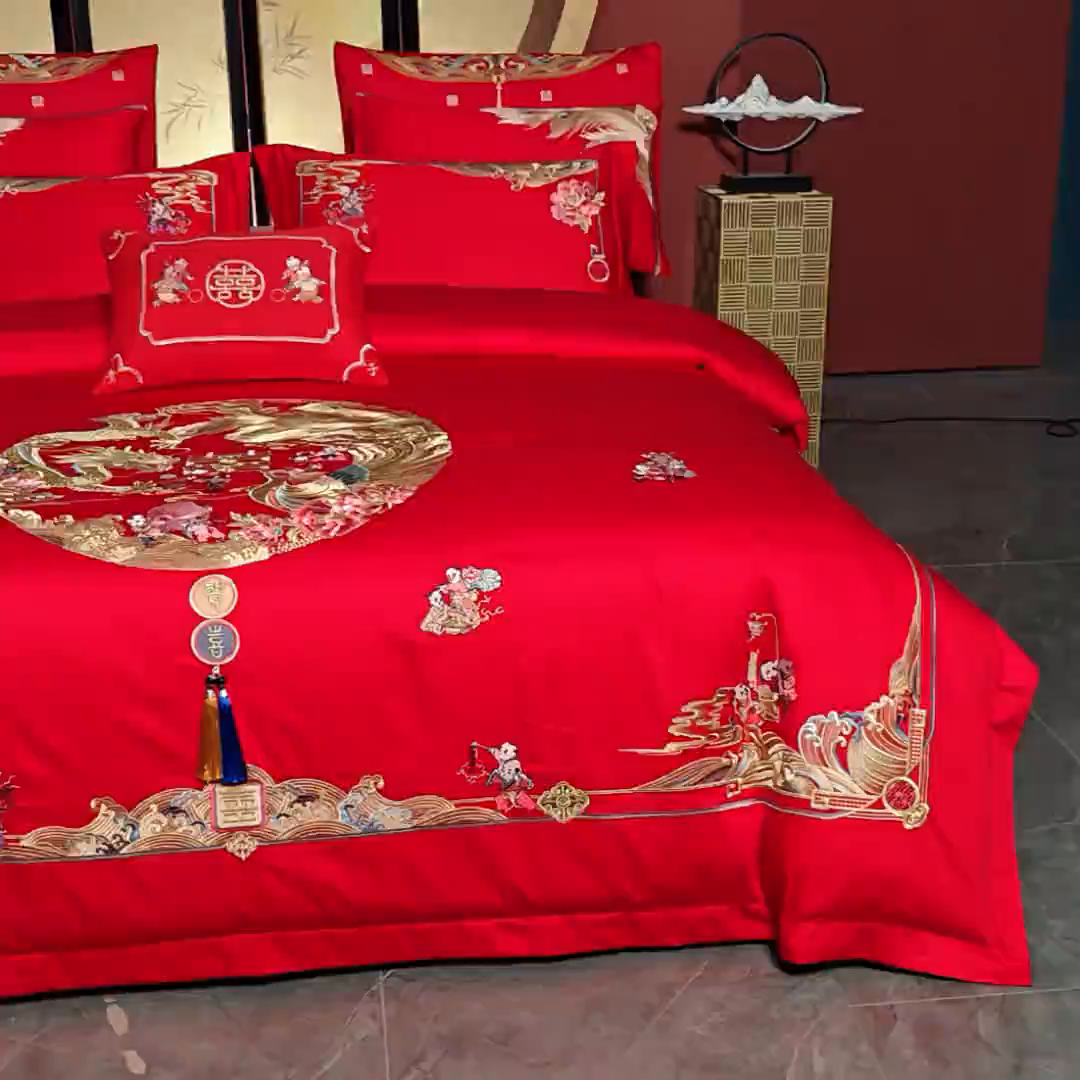 91家纺网 家纺一手货源 找家纺 2025年新款中式亲肤加厚双面磨毛婚庆四件套刺绣多件套 多子多福