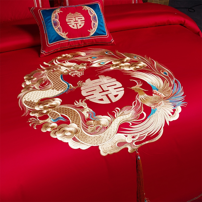 91家纺网 家纺一手货源 找家纺 2025年新款中式亲肤加厚双面磨毛婚庆四件套刺绣多件套 前程似锦