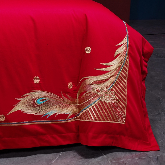 91家纺网 家纺一手货源 找家纺 2025年新款中式亲肤加厚双面磨毛婚庆四件套刺绣多件套 前程似锦