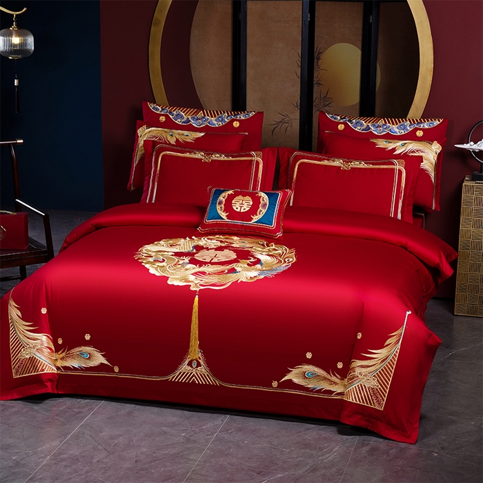 91家纺网 家纺一手货源 找家纺 2025年新款中式亲肤加厚双面磨毛婚庆四件套刺绣多件套 前程似锦