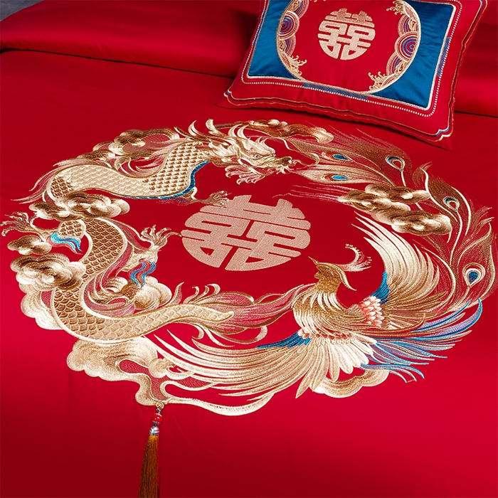 91家纺网 家纺一手货源 找家纺 2025年新款中式亲肤加厚双面磨毛婚庆四件套刺绣多件套 前程似锦