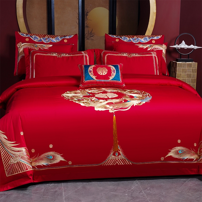 91家纺网 家纺一手货源 找家纺 2025年新款中式亲肤加厚双面磨毛婚庆四件套刺绣多件套 前程似锦