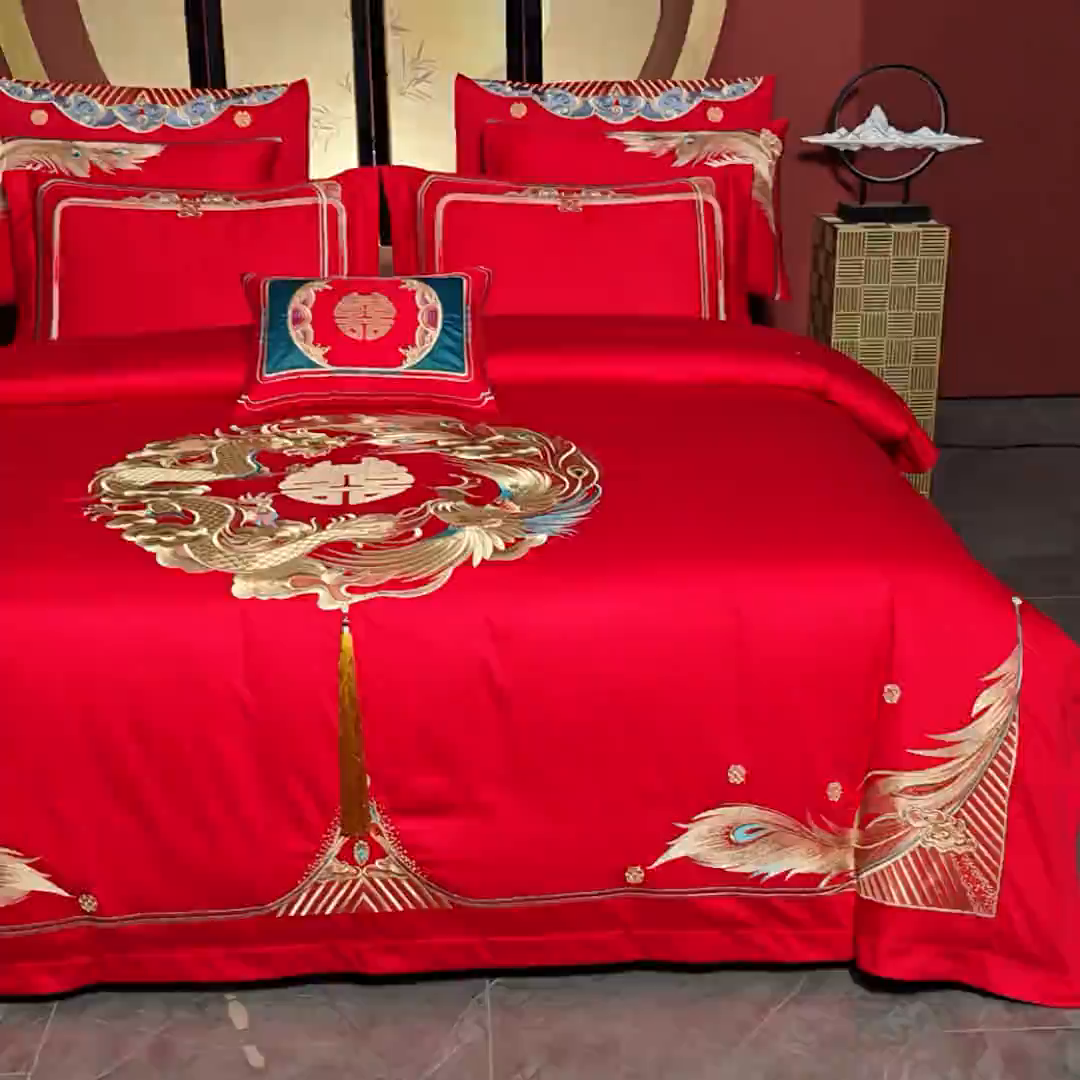 91家纺网 家纺一手货源 找家纺 2025年新款中式亲肤加厚双面磨毛婚庆四件套刺绣多件套 前程似锦