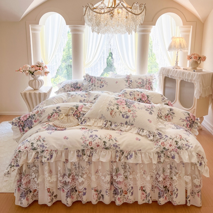 91家纺网 家纺一手货源 找家纺 瑞宝 2025新款13372全棉印花花边床裙四件套 素雅