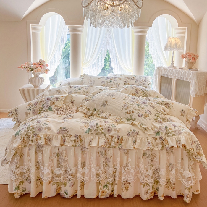 91家纺网 家纺一手货源 找家纺 瑞宝 2025新款13372全棉印花花边床裙四件套 浪漫花芷