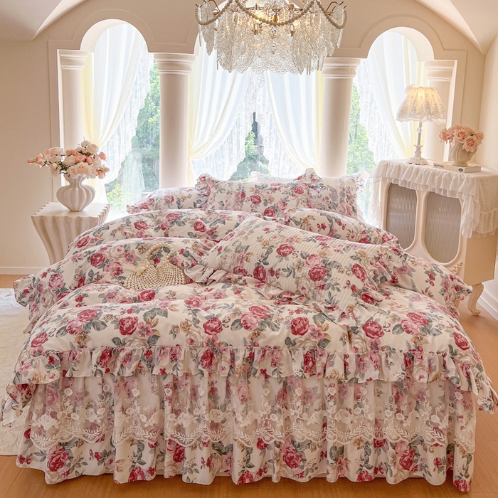 91家纺网 家纺一手货源 找家纺 瑞宝 2025新款13372全棉印花花边床裙四件套 繁花似锦