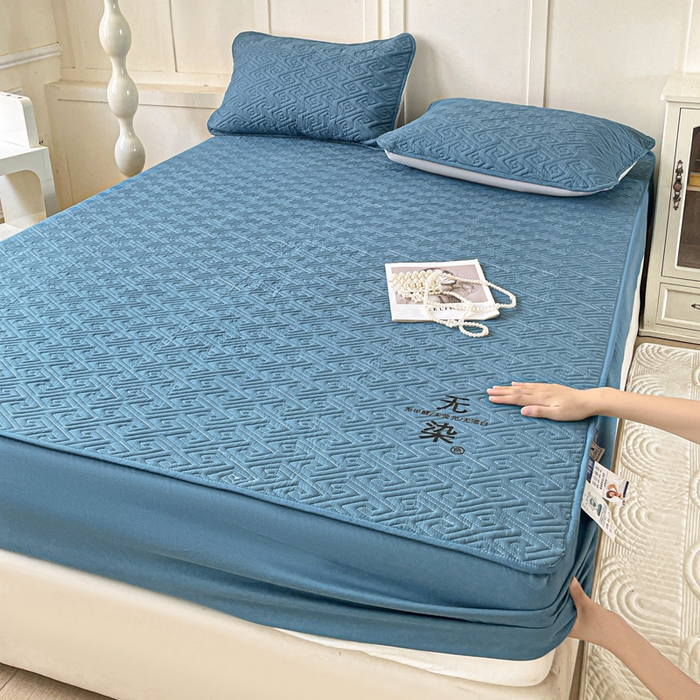 花享莱 2025新款希尔顿同款无染磨毛床笠三件套 无染-湖蓝