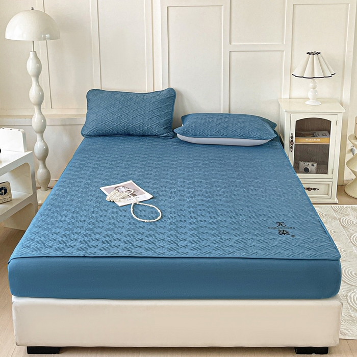 91家纺网 家纺一手货源 找家纺 花享莱 2025新款希尔顿同款无染磨毛床笠三件套 无染-湖蓝