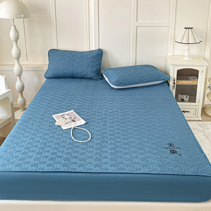 91家纺网 家纺一手货源 找家纺 花享莱 2025新款希尔顿同款无染磨毛床笠三件套 无染-湖蓝