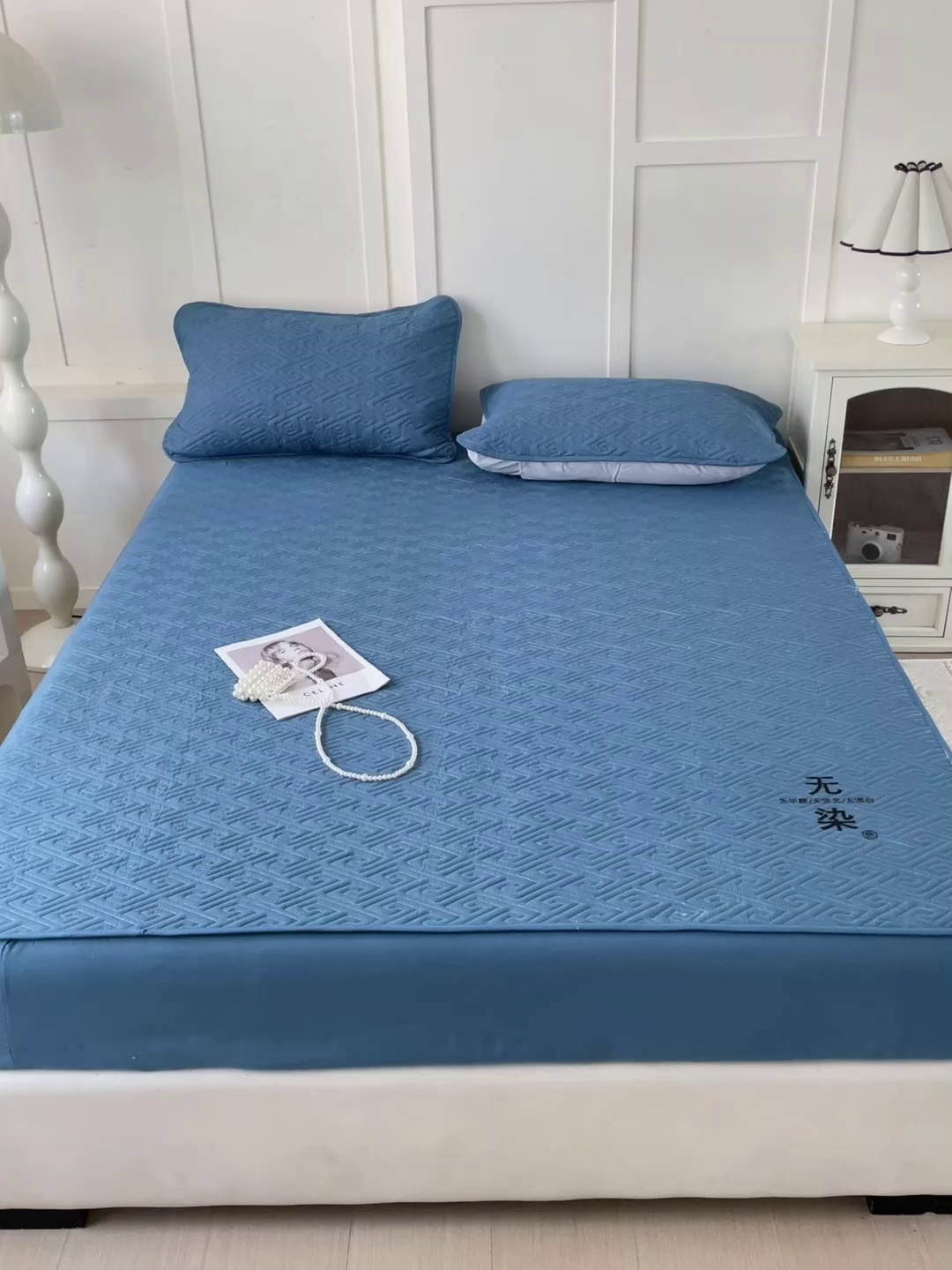 91家纺网 家纺一手货源 找家纺 花享莱 2025新款希尔顿同款无染磨毛床笠三件套 无染-湖蓝