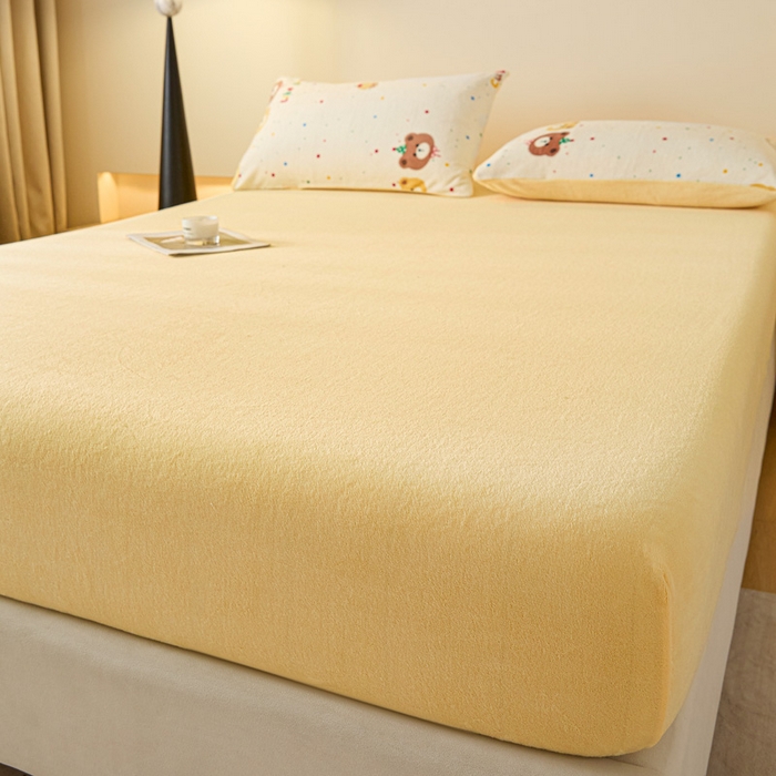 91家纺网 家纺一手货源 找家纺 摩妮卡 2025新款加厚保暖牛奶绒床笠单床笠床笠单件-保护床垫三件套系列 莫纱-柠檬黄