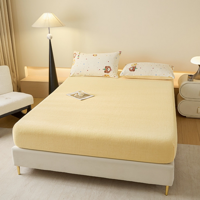 91家纺网 家纺一手货源 找家纺 摩妮卡 2025新款加厚保暖牛奶绒床笠单床笠床笠单件-保护床垫三件套系列 莫纱-柠檬黄