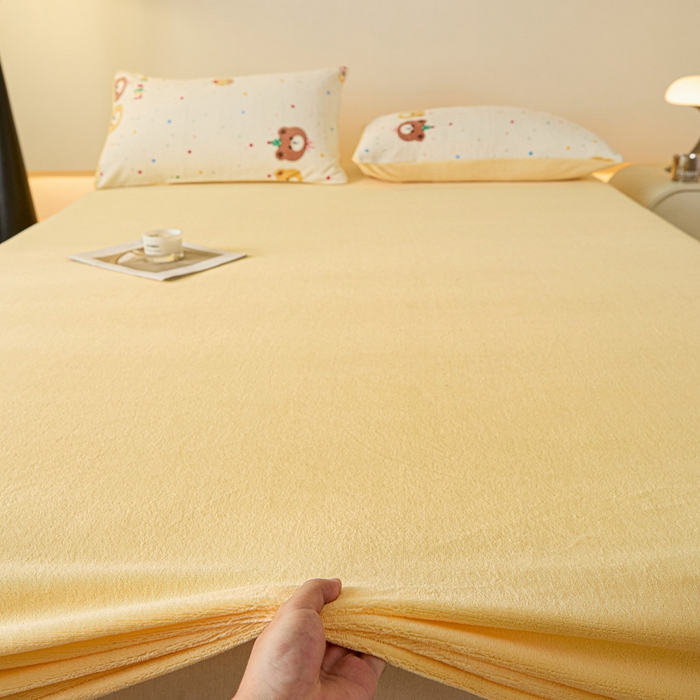 91家纺网 家纺一手货源 找家纺 摩妮卡 2025新款加厚保暖牛奶绒床笠单床笠床笠单件-保护床垫三件套系列 莫纱-柠檬黄