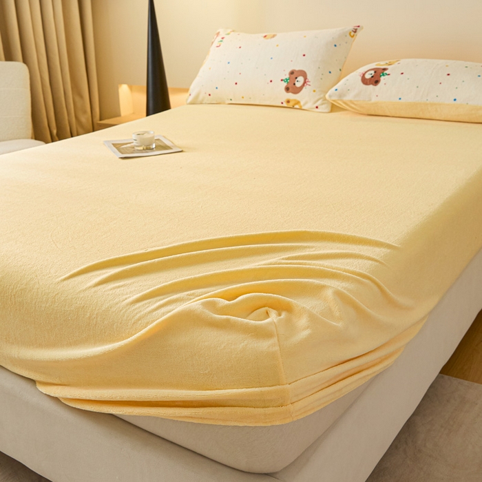 91家纺网 家纺一手货源 找家纺 摩妮卡 2025新款加厚保暖牛奶绒床笠单床笠床笠单件-保护床垫三件套系列 莫纱-柠檬黄