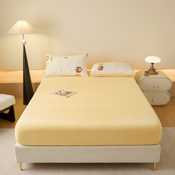 91家纺网 家纺一手货源 找家纺 摩妮卡 2025新款加厚保暖牛奶绒床笠单床笠床笠单件-保护床垫三件套系列 莫纱-柠檬黄