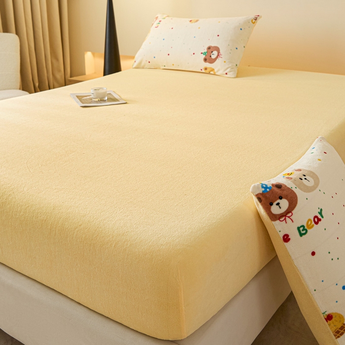 91家纺网 家纺一手货源 找家纺 摩妮卡 2025新款加厚保暖牛奶绒床笠单床笠床笠单件-保护床垫三件套系列 莫纱-柠檬黄