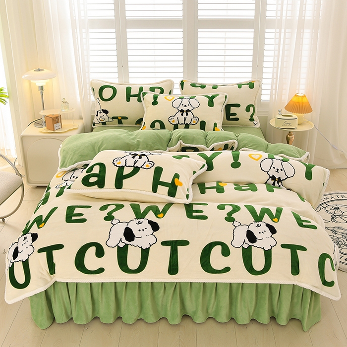 91家纺网 家纺一手货源 找家纺 牵依 2025新款直播床裙小清新印花牛奶绒四件套法兰绒四件套 嗨皮狗