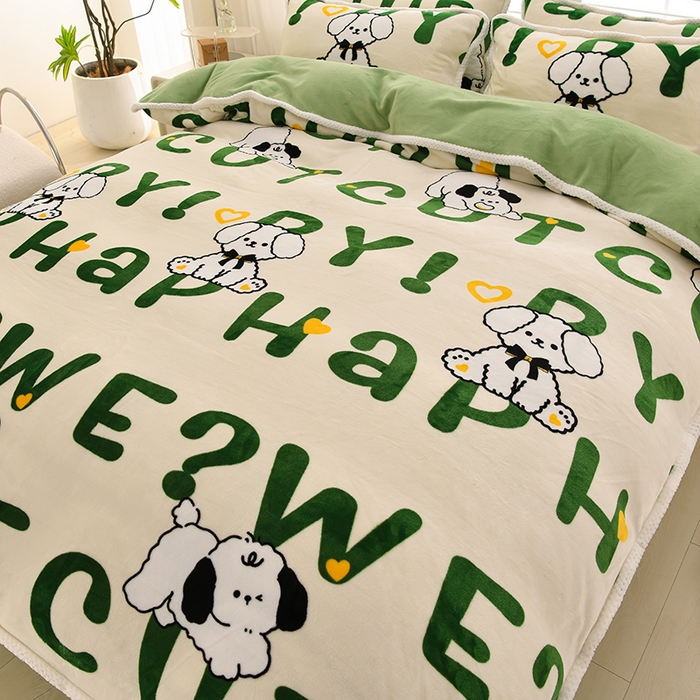 91家纺网 家纺一手货源 找家纺 牵依 2025新款直播床裙小清新印花牛奶绒四件套法兰绒四件套 嗨皮狗