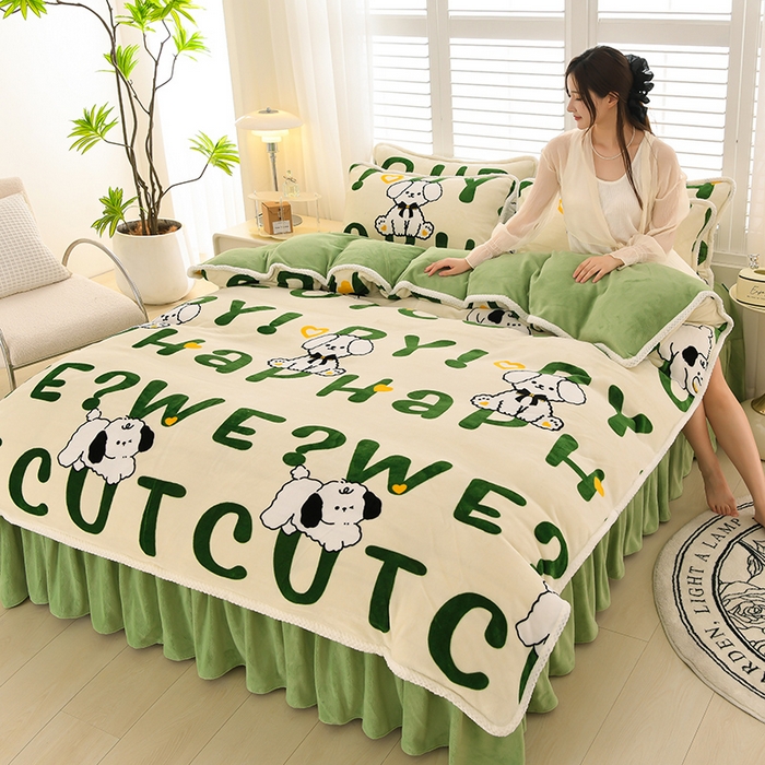 91家纺网 家纺一手货源 找家纺 牵依 2025新款直播床裙小清新印花牛奶绒四件套法兰绒四件套 嗨皮狗