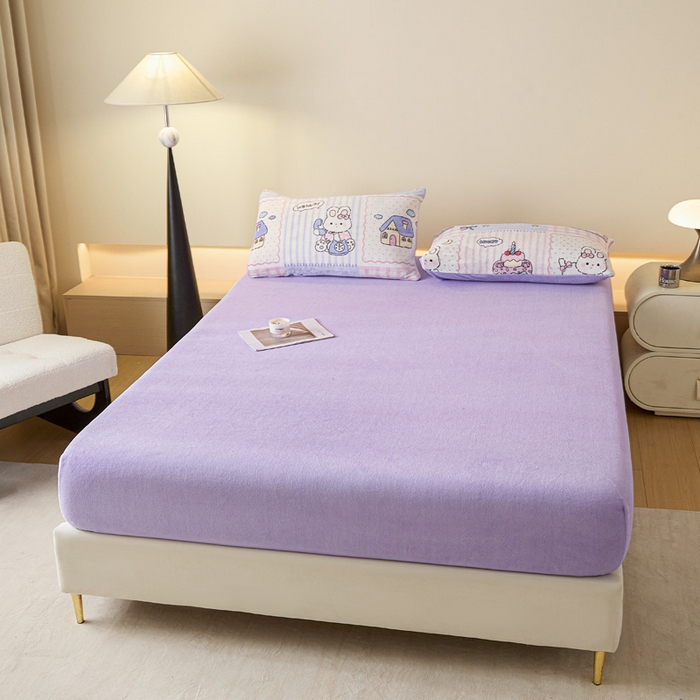 91家纺网 家纺一手货源 找家纺 摩妮卡 2025新款加厚保暖牛奶绒床笠单床笠床笠单件-保护床垫三件套系列 莫纱-紫