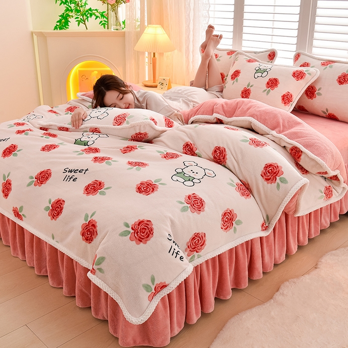 牵依 2025新款直播床裙小清新印花牛奶绒四件套法兰绒四件套 小花兔子