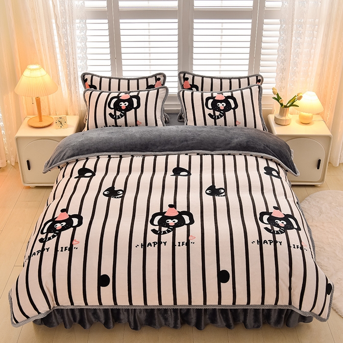 91家纺网 家纺一手货源 找家纺 牵依 2025新款直播床裙小清新印花牛奶绒四件套法兰绒四件套 呆萌象