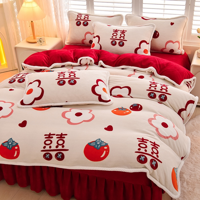 91家纺网 家纺一手货源 找家纺 牵依 2025新款直播床裙小清新印花牛奶绒四件套法兰绒四件套 花田喜事