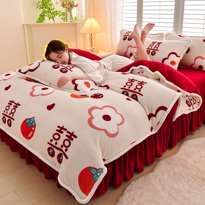 牵依 2025新款直播床裙小清新印花牛奶绒四件套法兰绒四件套 花田喜事