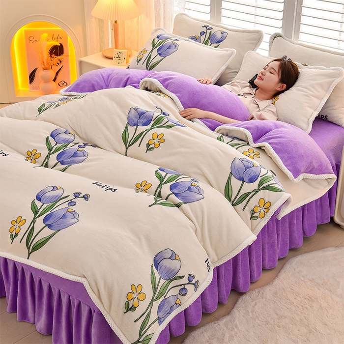 91家纺网 家纺一手货源 找家纺 牵依 2025新款直播床裙小清新印花牛奶绒四件套法兰绒四件套 花开曼舞