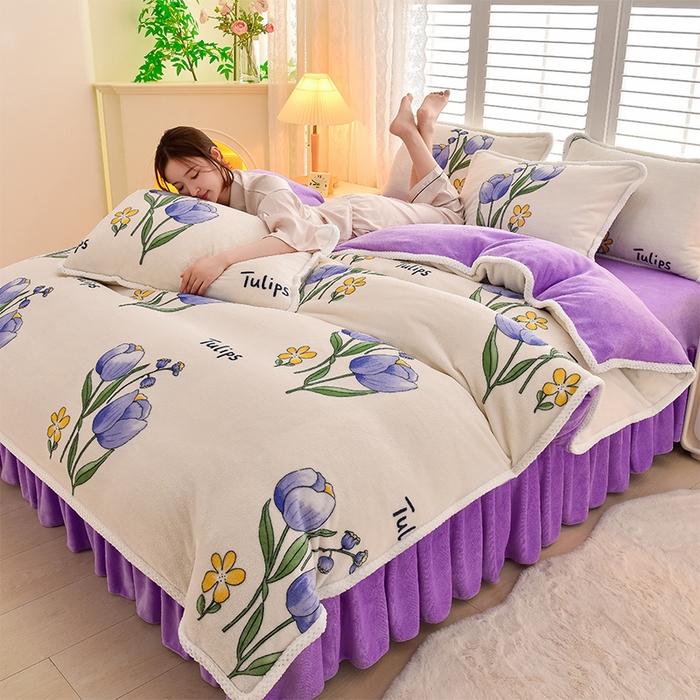 牵依 2025新款直播床裙小清新印花牛奶绒四件套法兰绒四件套 花开曼舞