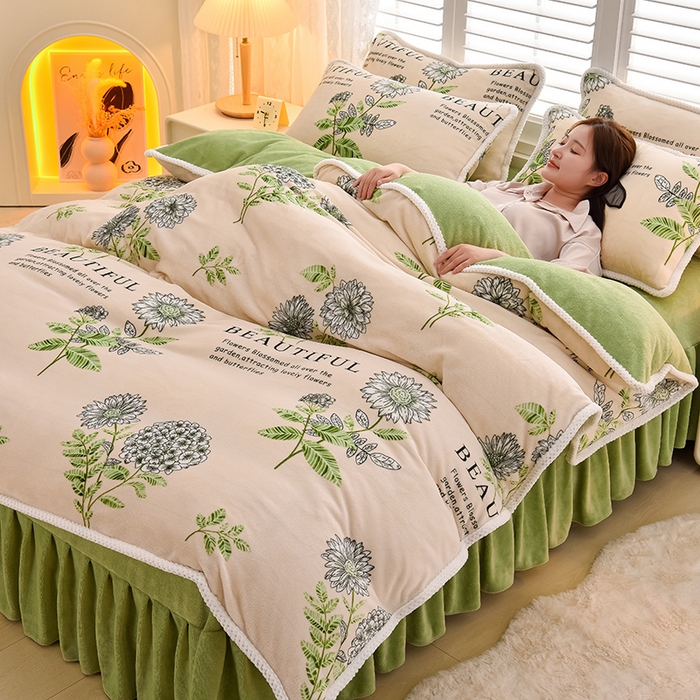 91家纺网 家纺一手货源 找家纺 牵依 2025新款直播床裙小清新印花牛奶绒四件套法兰绒四件套 花季