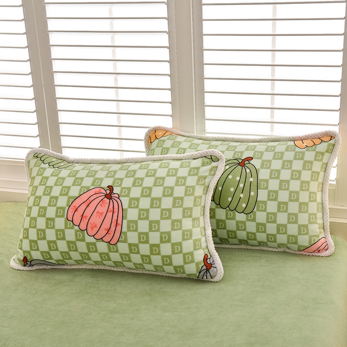 91家纺网 家纺一手货源 找家纺 牵依 2025新款直播床裙小清新印花牛奶绒四件套法兰绒四件套 南瓜派-绿